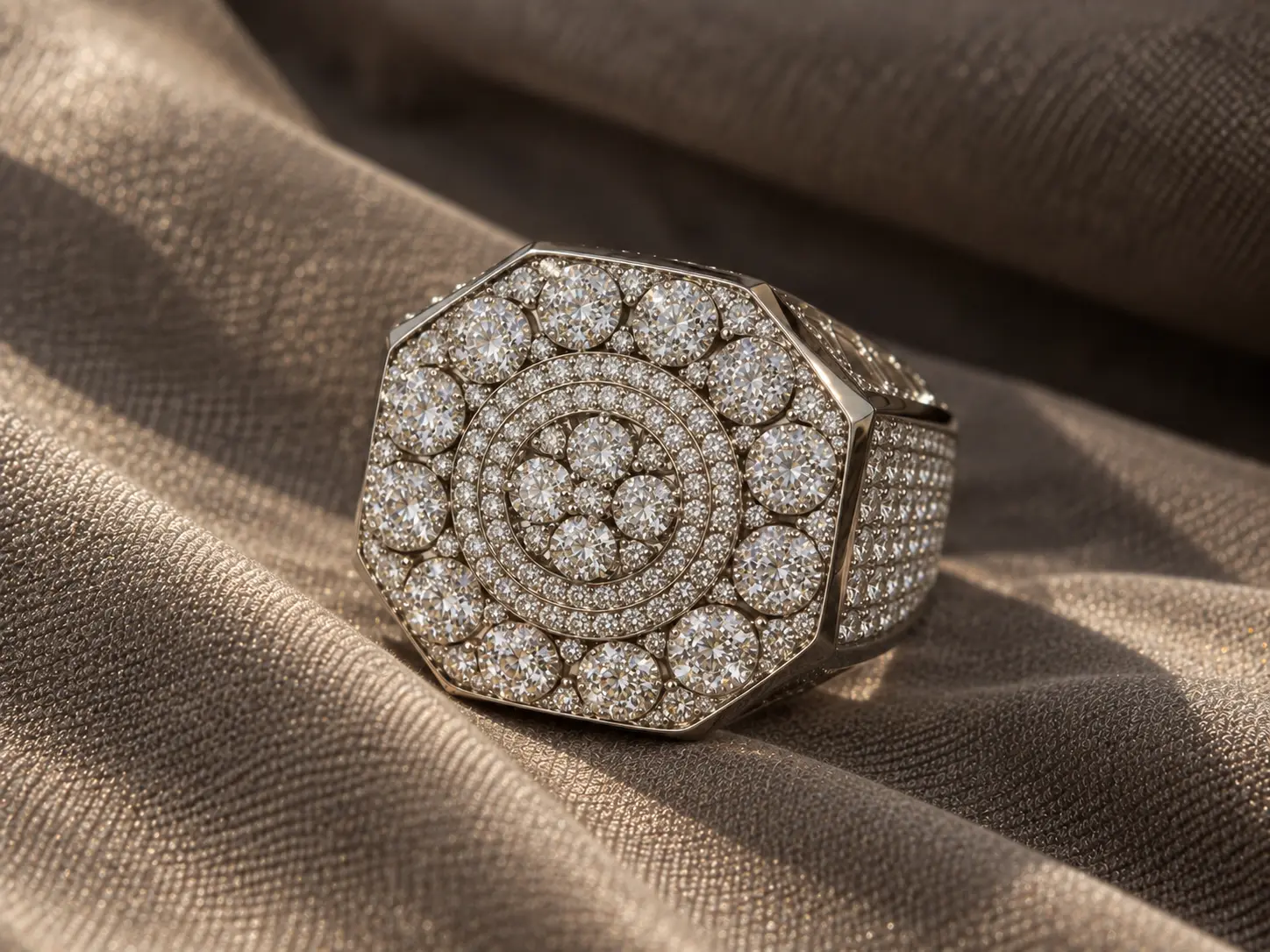 White-gold cushion-cut diamond halo ring with diamond-pavé shoulders on dark charcoal satin.