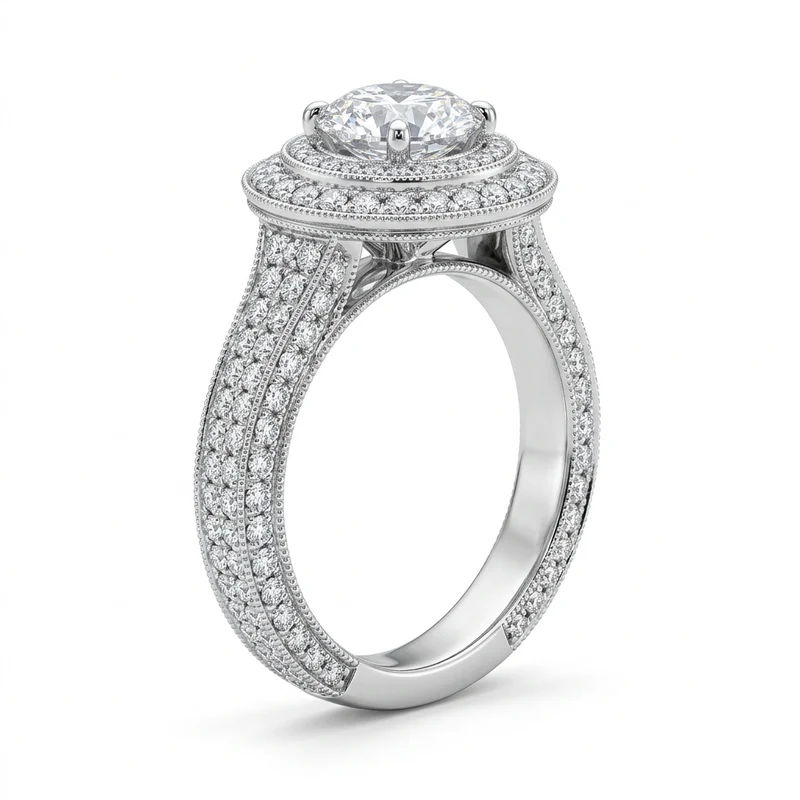 White-gold round brilliant diamond ring with double-tiered milgrain halo and three-row pavé band on pure white.